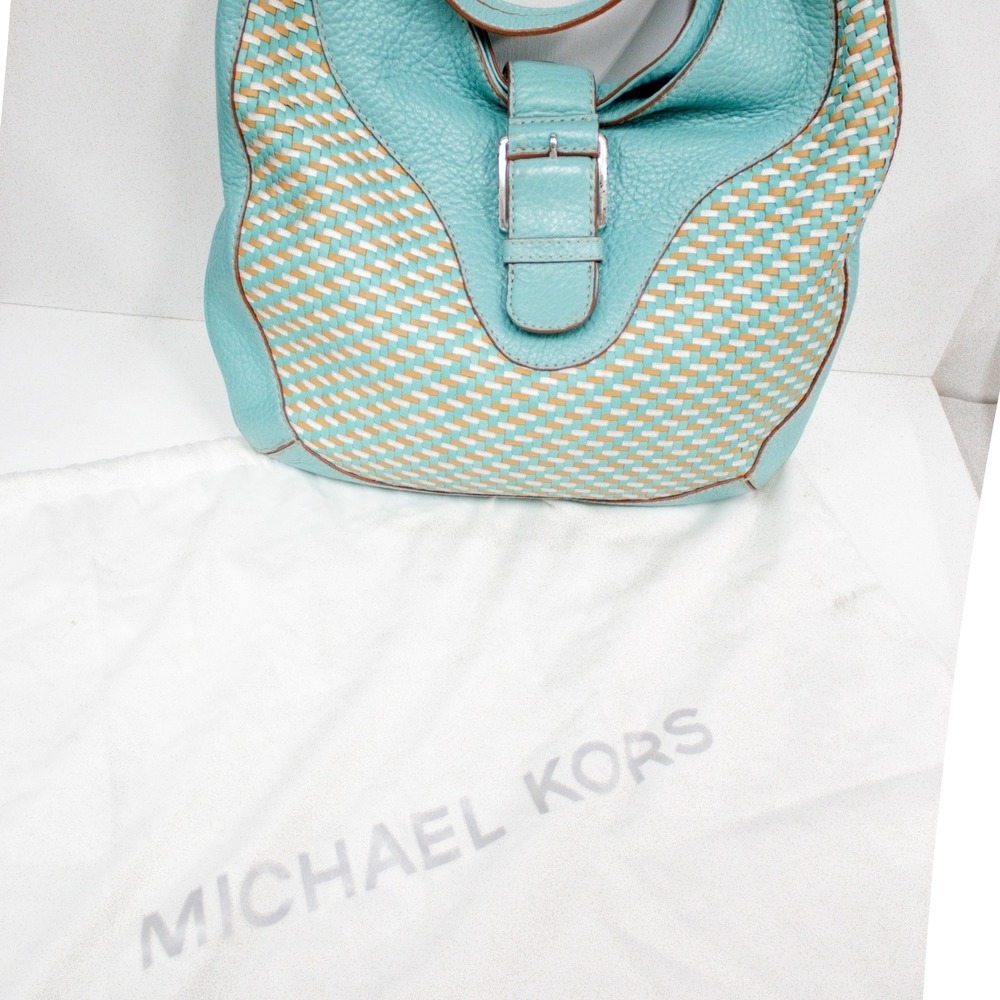 Vintage Michael Kors Hobo Shoulder Bag Woven Turquoise Leather Purse & Dust Bag - Picture 13 of 14